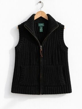 ✨2/$25 LRL Ralph Lauren~Womens VTG Cableknit Zipup Vest~Black Ribbed Sweater~SM